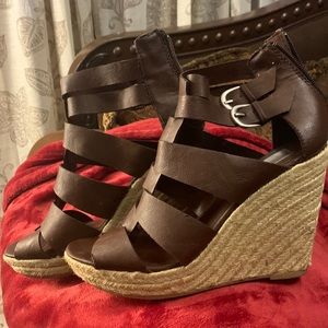 Brown and tan wedge shoe